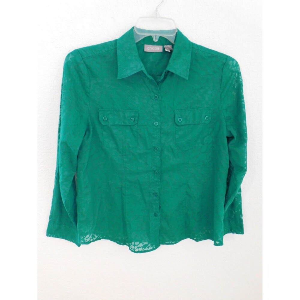 Chicos Size 1 Dress Shirt Button Front Green Semi Sheer Collared Medium